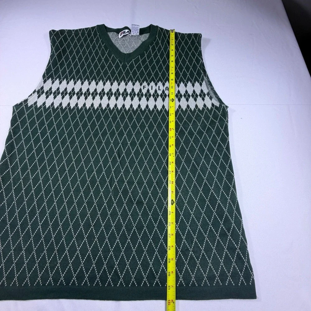 Fila‎ Mens XL Argyle Sweater Vest Forest Green White V-Neck Knit Cotton Blend